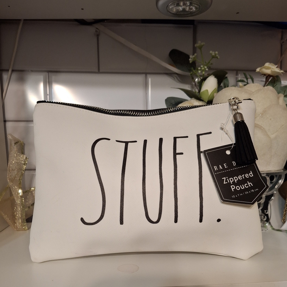 Rae Dunn Stuff White Zippered Pouch NWT 9.5X7